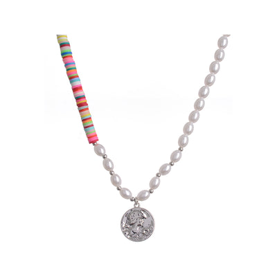 Rapper's multi-colored, white pearl necklace with a coin-shaped pendant