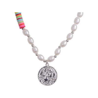 Rapper's multi-colored, white pearl necklace with a coin-shaped pendant