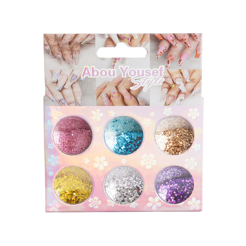 Nail decorations with glitter powder and flakes in 6 colors