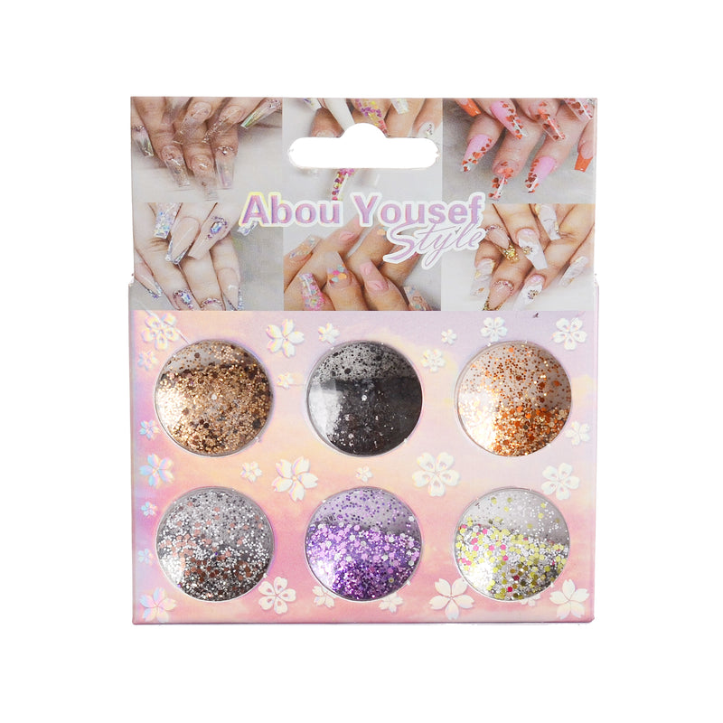 Nail decorations with glitter powder and flakes in 6 colors