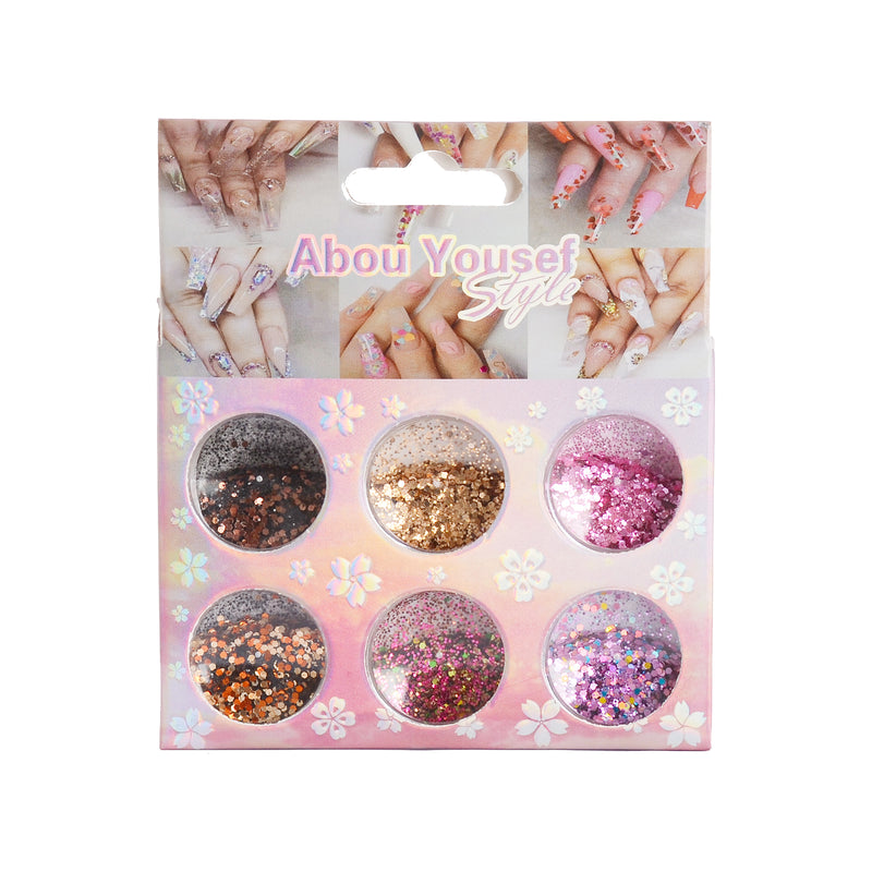 Nail decorations with glitter powder and flakes in 6 colors