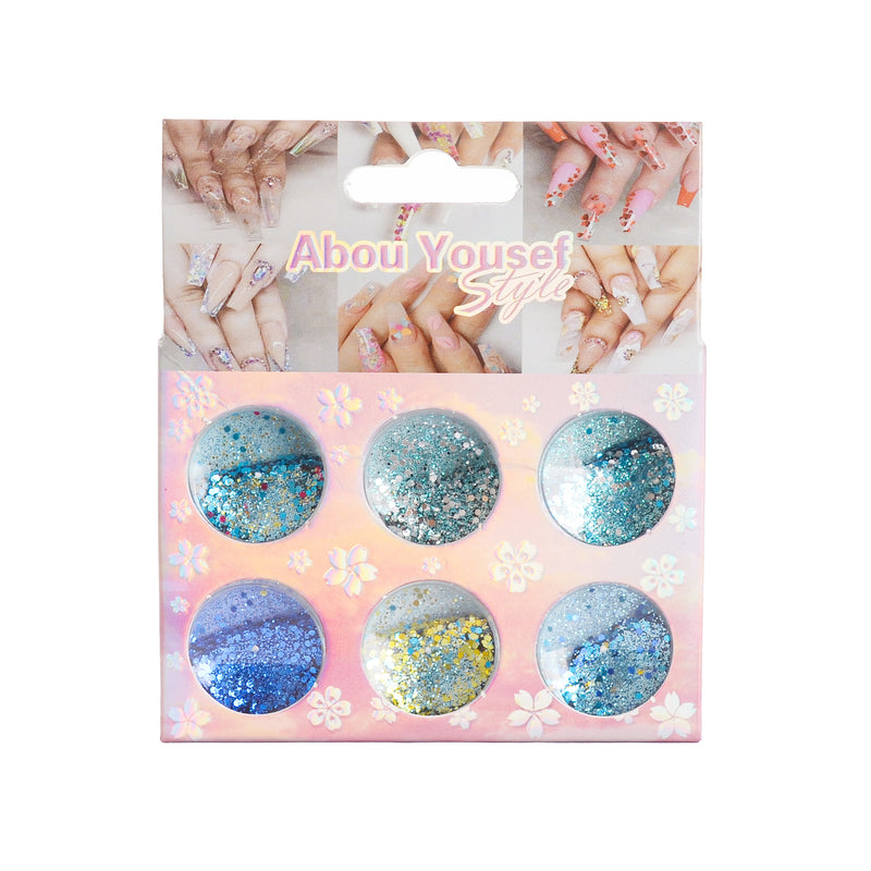 Nail decorations with glitter powder and flakes in 6 colors