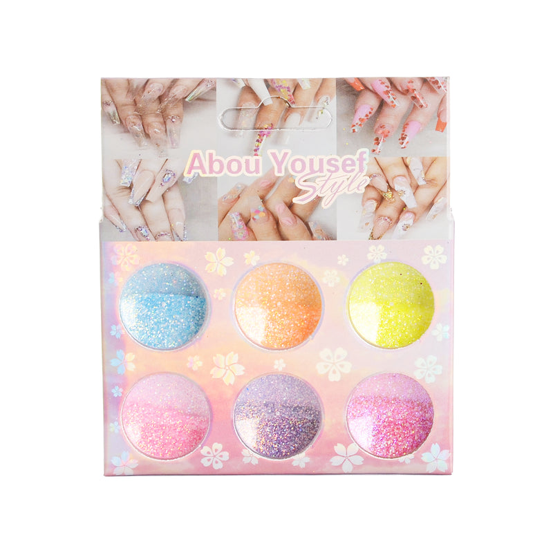 Shiny powder nail decorations in the shape of sugar granules, 6 colors