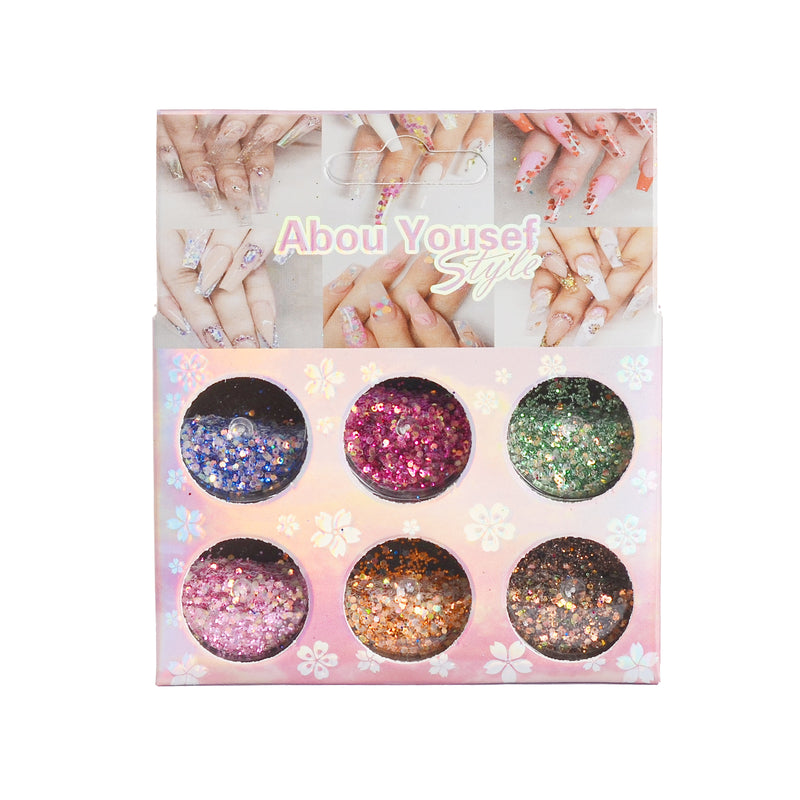 Nail decorations with glitter powder and flakes in 6 colors