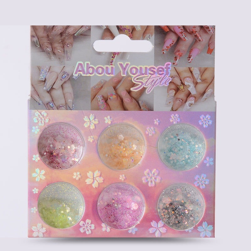 3D nail decorations made of powder and sparkling sequins in 6 colors