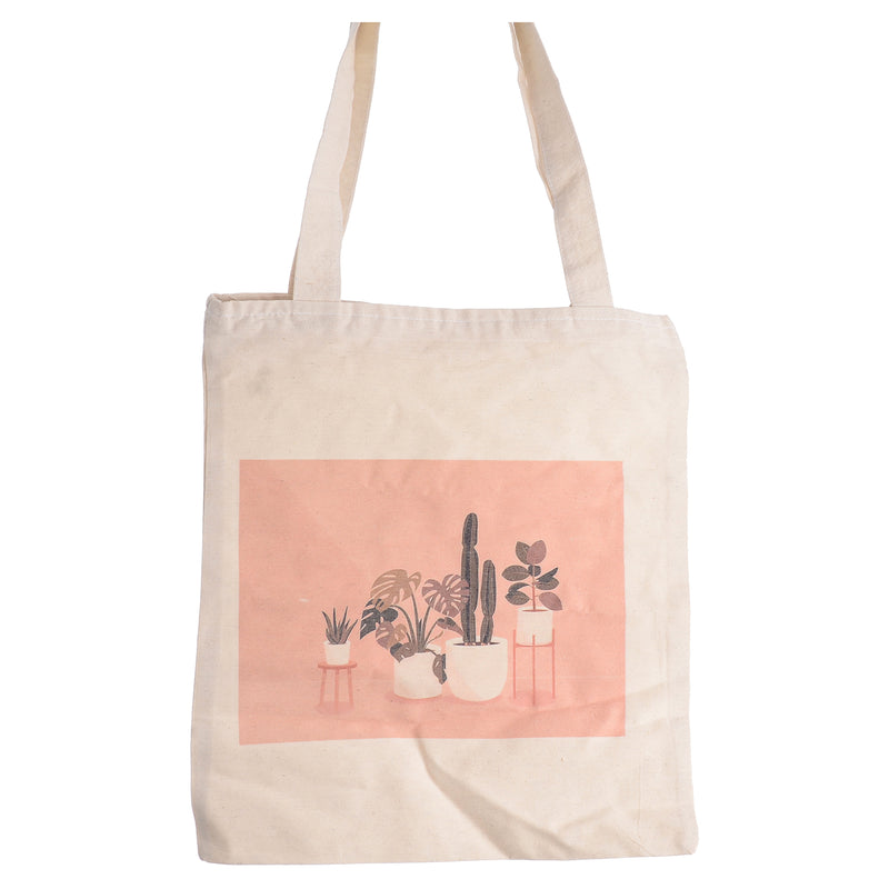 Linen tote bag with zipper, printed with vase decorations, beige colour