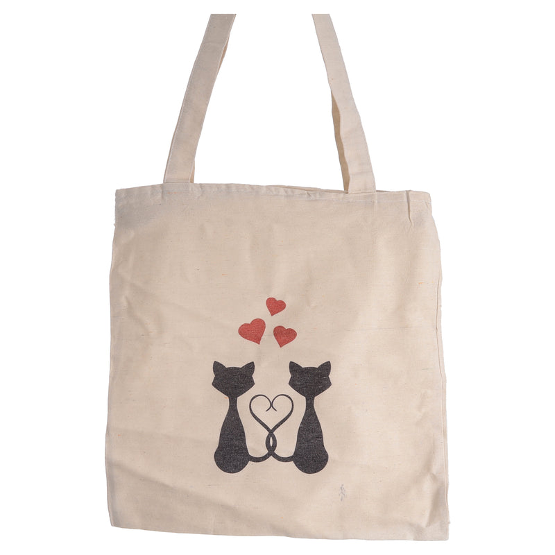 Linen zippered tote bag with two cats print, beige colour