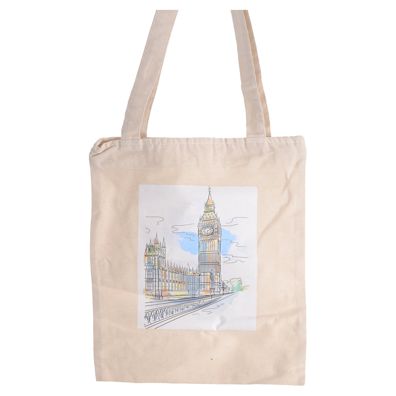 Linen zippered tote bag with Big Ben print, beige colour