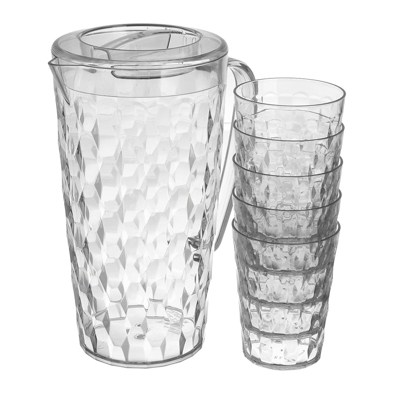 Crystal shaped plastic jug with 5 elite cups, 2 liter capacity