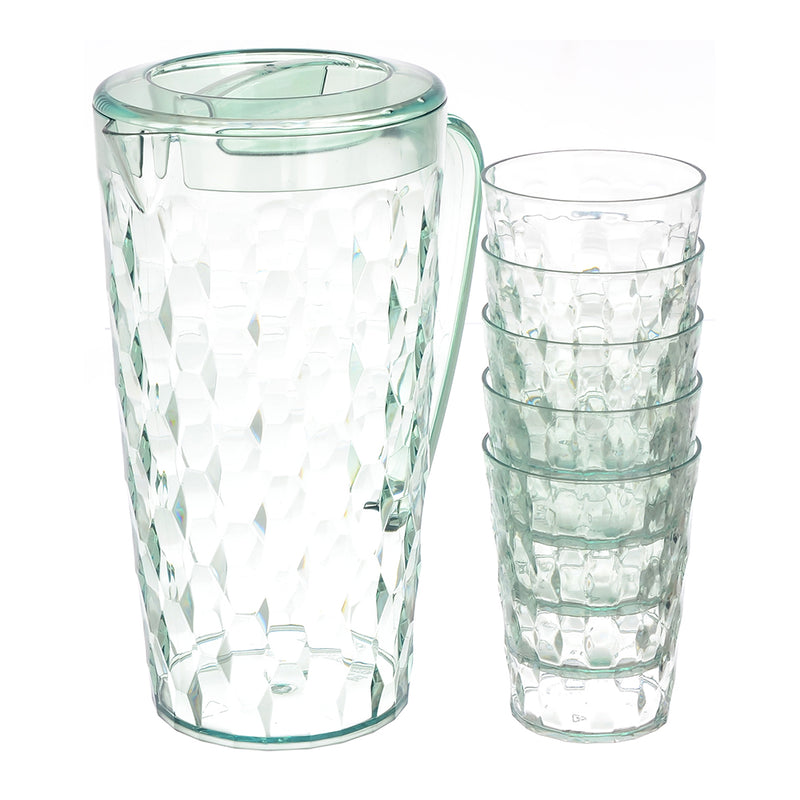 Crystal shaped plastic jug with 5 elite cups, 2 liter capacity