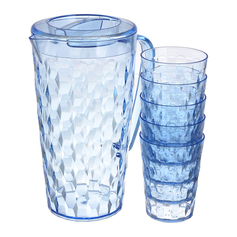 Crystal shaped plastic jug with 5 elite cups, 2 liter capacity