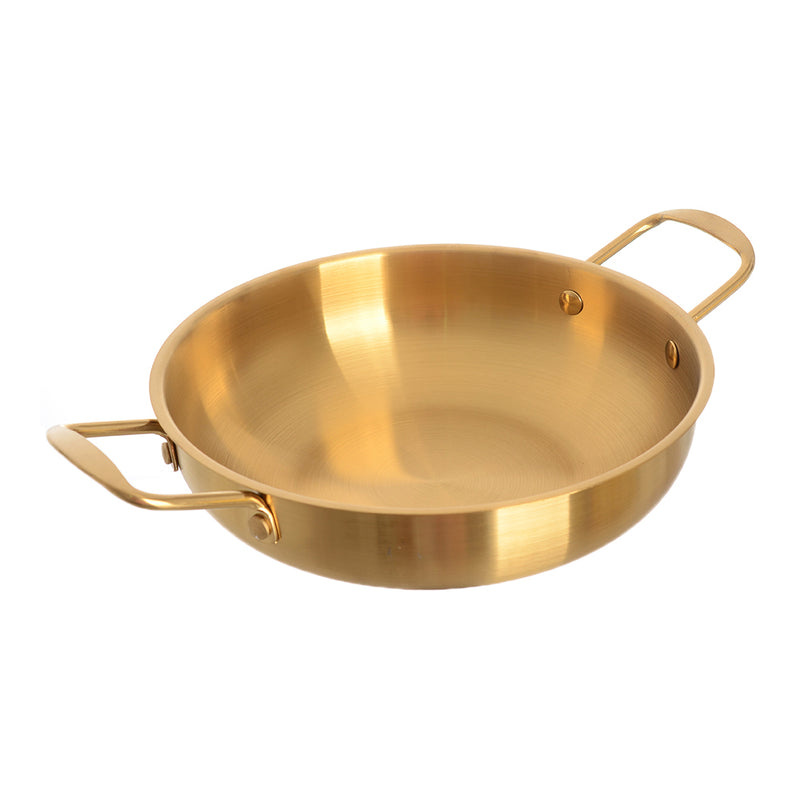 Stainless steel frying pan with golden handles, size 22 cm