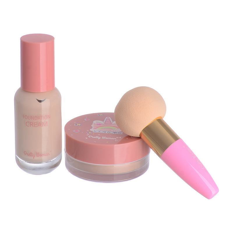 3-piece makeup set: foundation + loose powder + blender