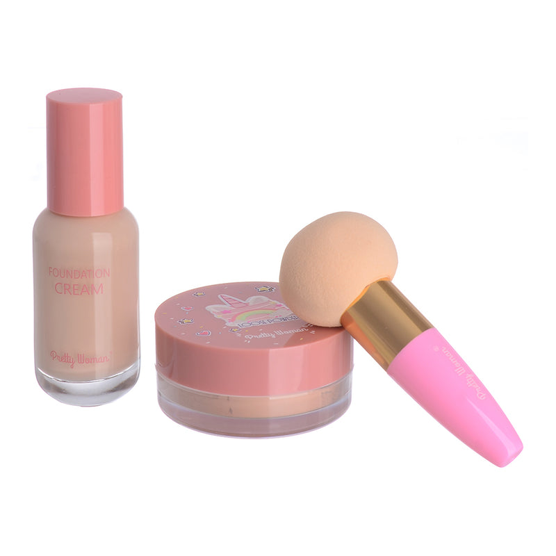 3-piece makeup set: foundation + loose powder + blender