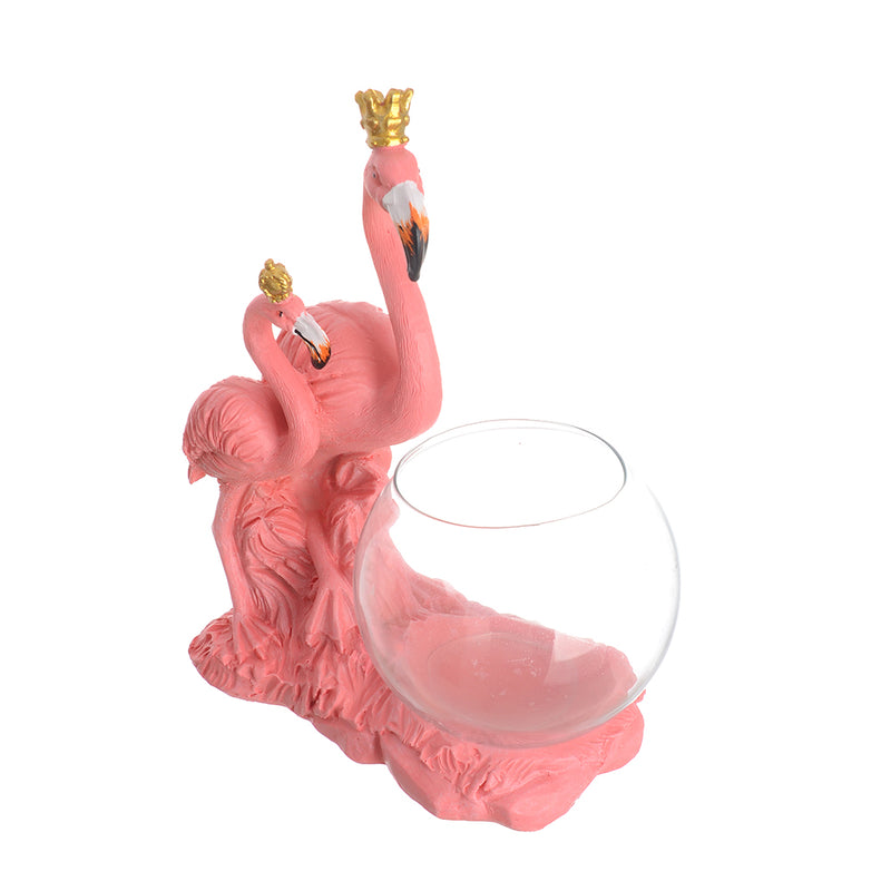 Flamingo Twins Pink Crown Figurine with Decorative Glass Candle Jar 16*11cm