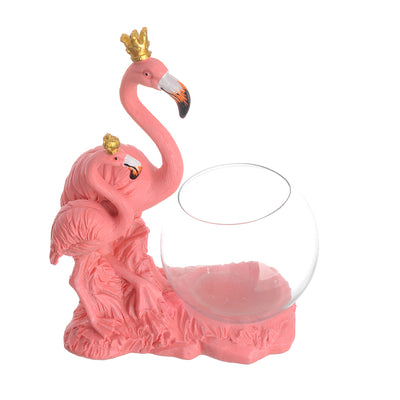 Flamingo Twins Pink Crown Figurine with Decorative Glass Candle Jar 16*11cm