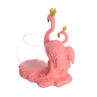 Flamingo Twins Pink Crown Figurine with Decorative Glass Candle Jar 16*11cm