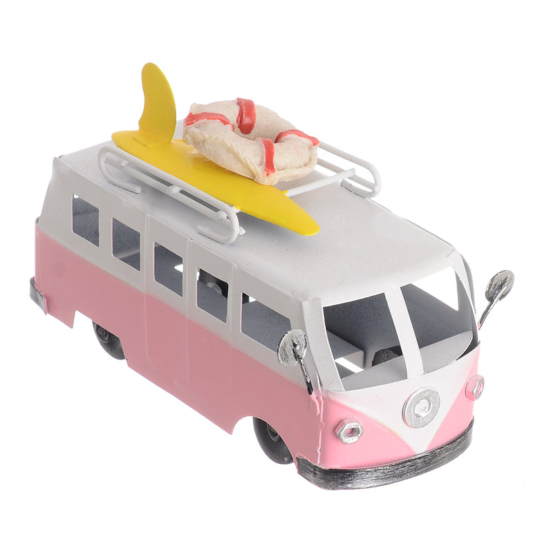 Decorative metal miniature bus model, 11*5.5 cm, white*pink