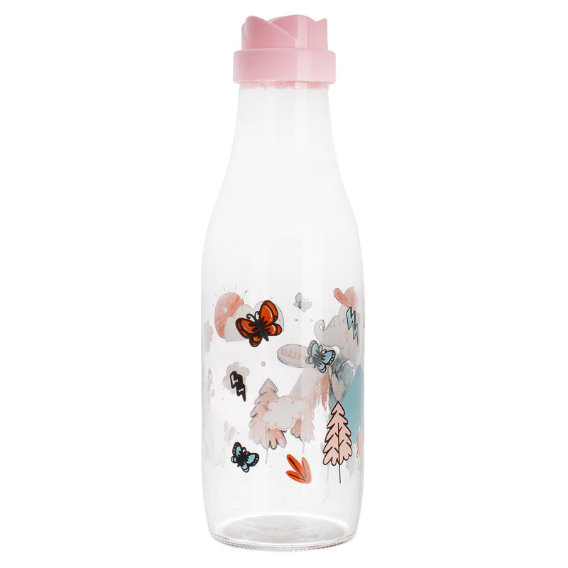 Round pink plastic water and juice bottle with elephant print - (1000 ml)