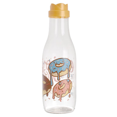 Round yellow plastic water and juice bottle with donuts print - (1000 ml)