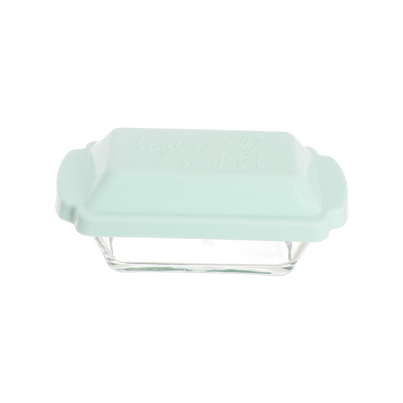 A small rectangular glass bowl with a plastic lid, 10.5*7.5 cm