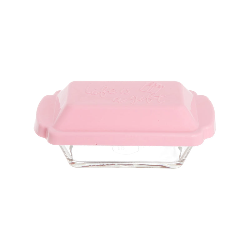 A small rectangular glass bowl with a plastic lid, 10.5*7.5 cm