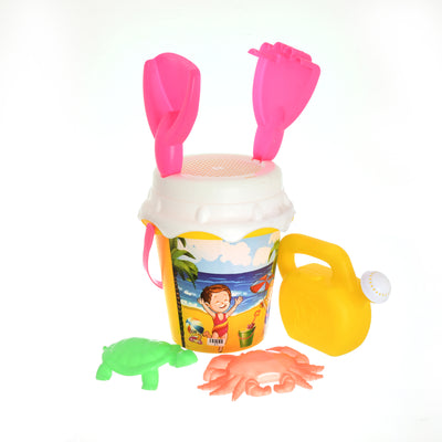 Children's splash beach bucket with a fun beach print, consisting of 7 pieces, yellow
