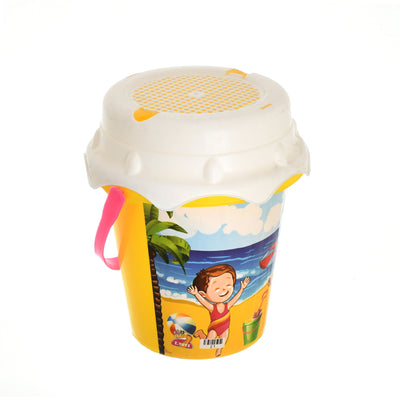 Children's splash beach bucket with a fun beach print, consisting of 7 pieces, yellow