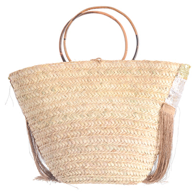 Women's large wicker beach bag with fringe sequin fabric, beige 50x35 cm