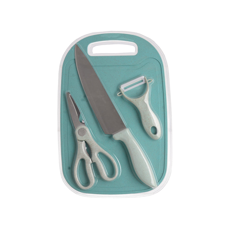 Plastic kitchen tools set - 4 pieces (chopping board - knife - scissors - peeler)