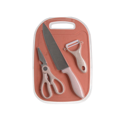 Plastic kitchen tools set - 4 pieces (chopping board - knife - scissors - peeler)