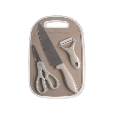 Plastic kitchen tools set - 4 pieces (chopping board - knife - scissors - peeler)