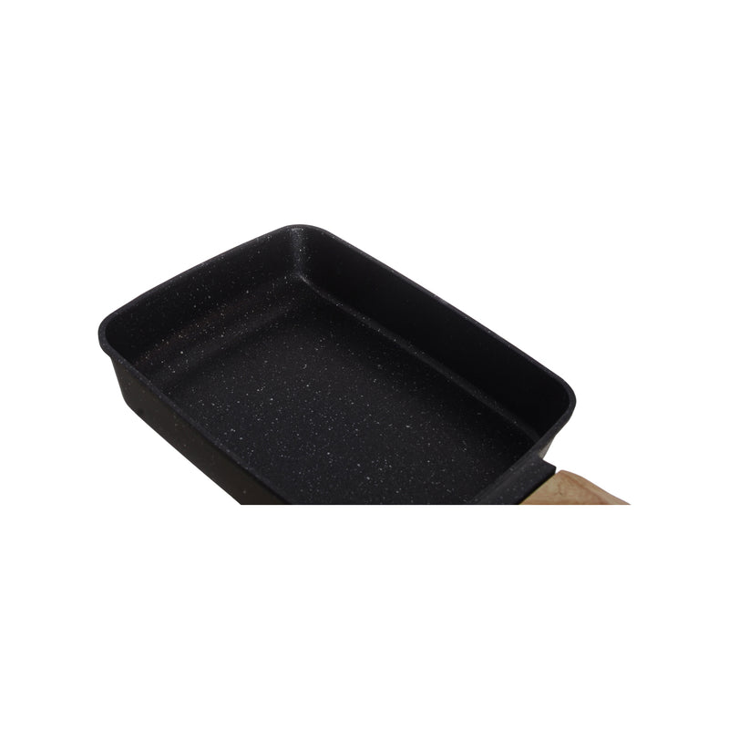 Granite frying pan with wooden handle, rectangular design, black color, 20.5*15 cm