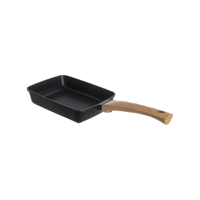 Granite frying pan with wooden handle, rectangular design, black color, 20.5*15 cm