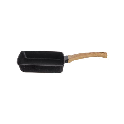 Granite frying pan with wooden handle, rectangular design, black color, 20.5*15 cm