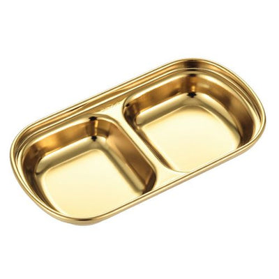 Stainless steel spice and sauce dish, divided into two parts, golden color, 15*8 cm