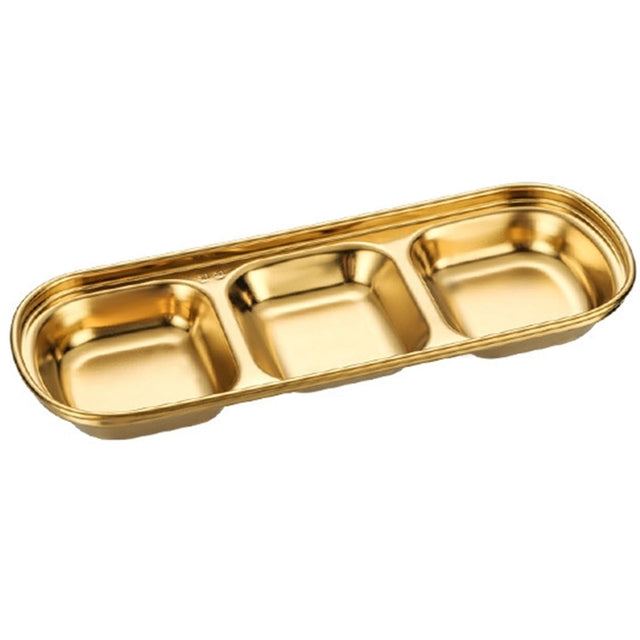 Stainless steel spice and sauce dish divided into three parts, golden color, 20.5*8 cm