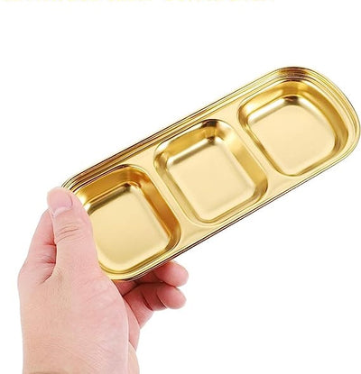 Stainless steel spice and sauce dish divided into three parts, golden color, 20.5*8 cm