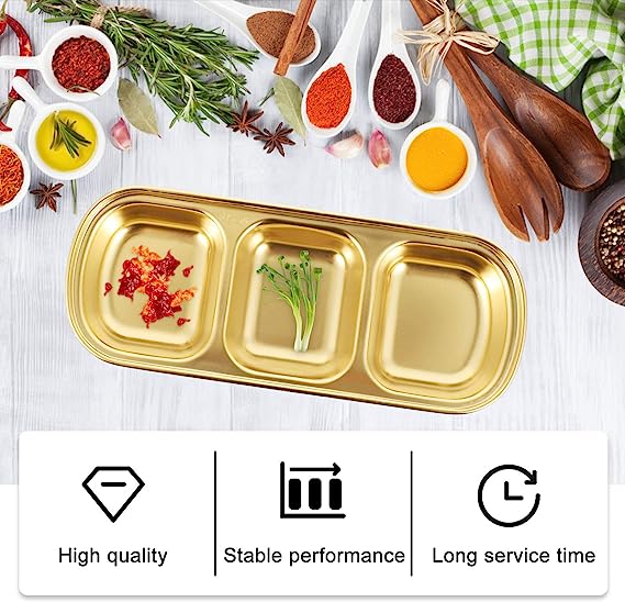 Stainless steel spice and sauce dish divided into three parts, golden color, 20.5*8 cm