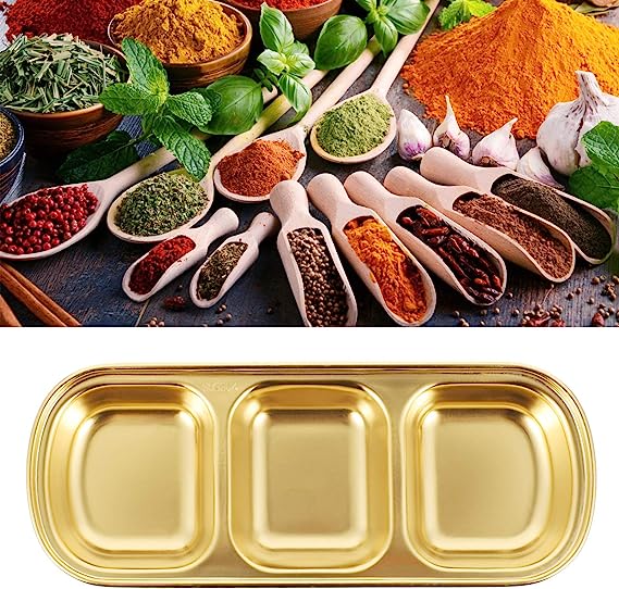 Stainless steel spice and sauce dish divided into three parts, golden color, 20.5*8 cm