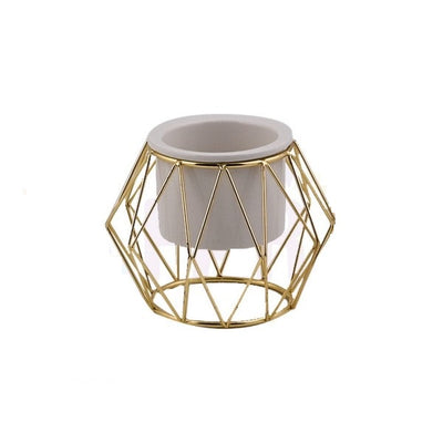 Decorative ceramic vase with polygonal gold metal stand