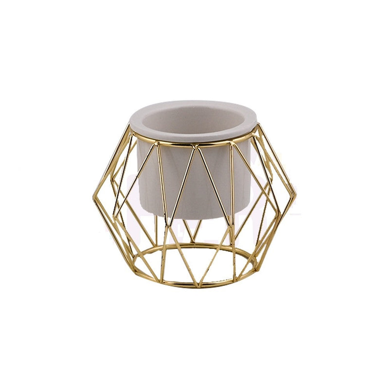 Decorative ceramic vase with polygonal gold metal stand