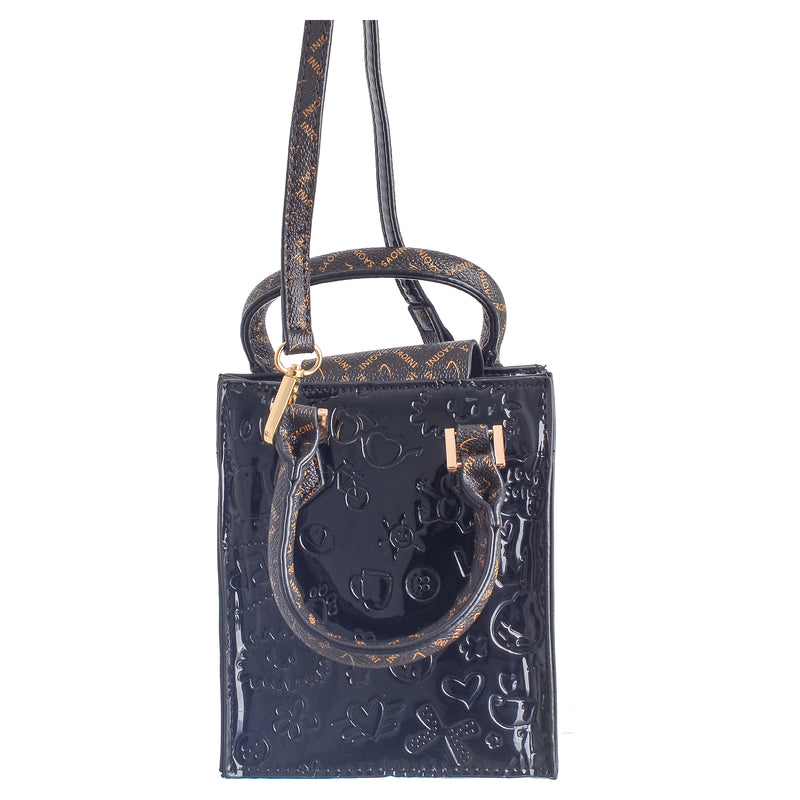Shiny leather handbag and crossbody bag with magnetic closure