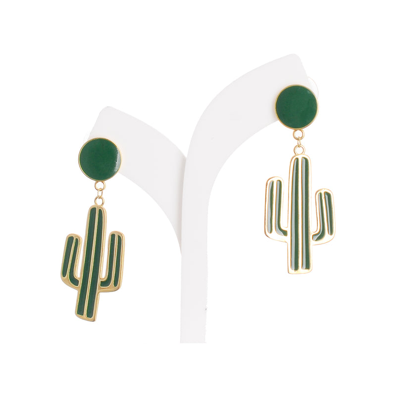 Earring in the shape of a long cactus with a green auger