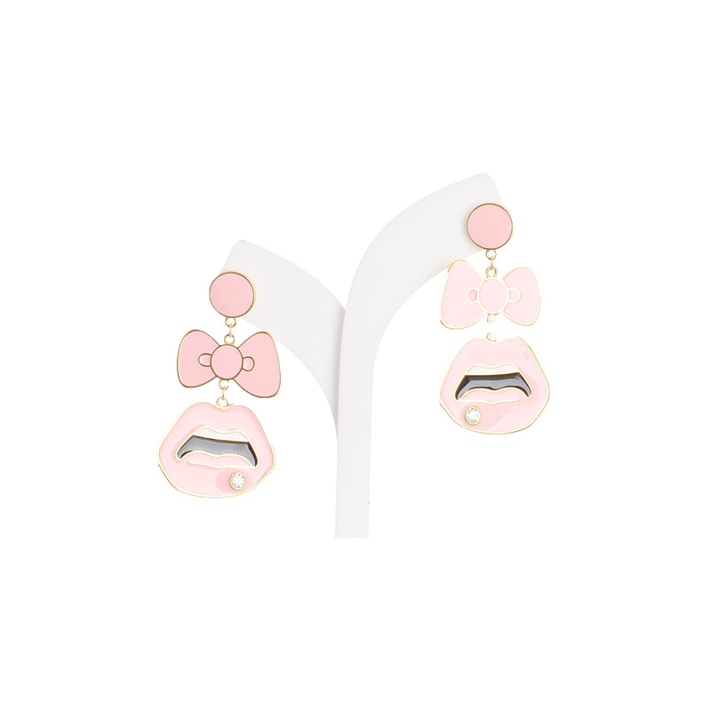 Lip-shaped earrings with a pink auger bow