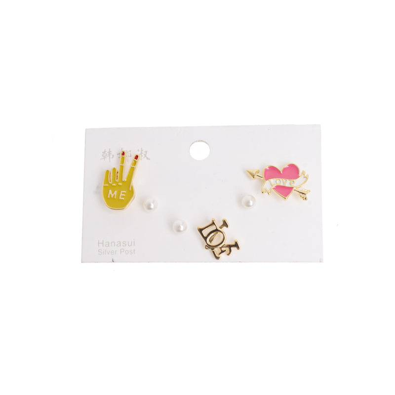 3-pair earring set in the shape of love patterns, pink*yellow