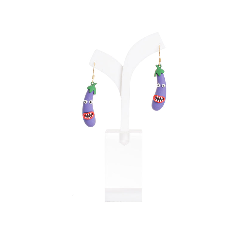 Earrings in the style of an eggplant purple naughty face