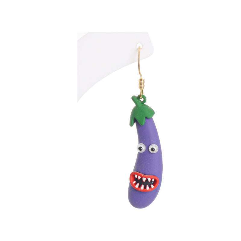 Earrings in the style of an eggplant purple naughty face