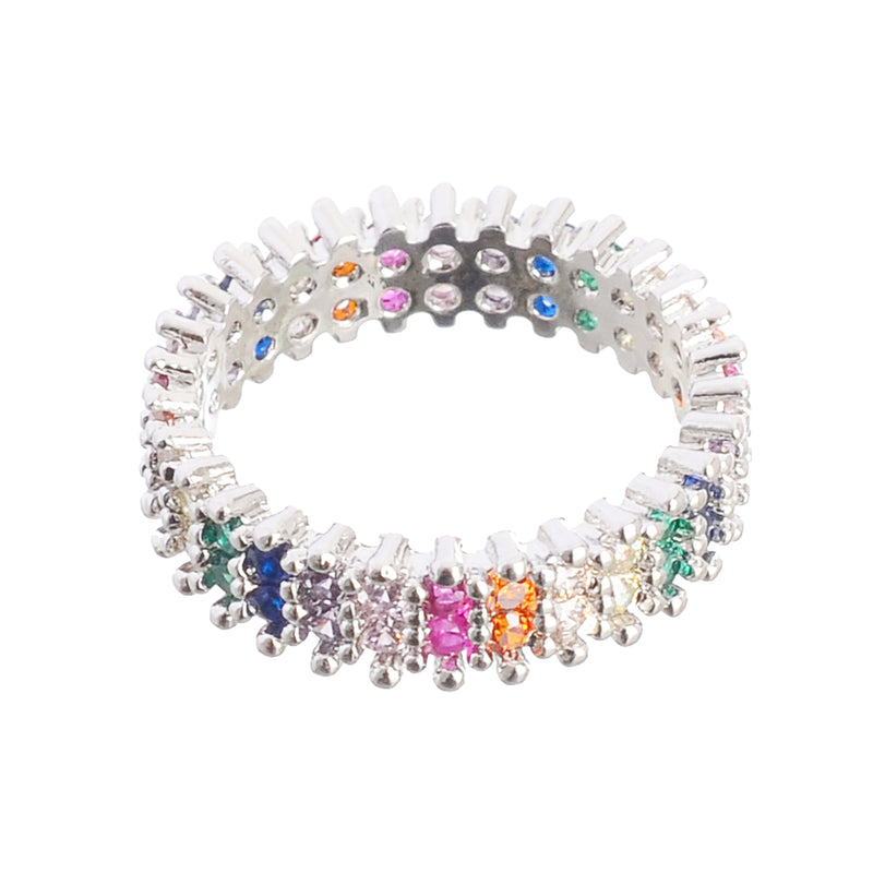 A multi-size zircon ring with multi-colored studs