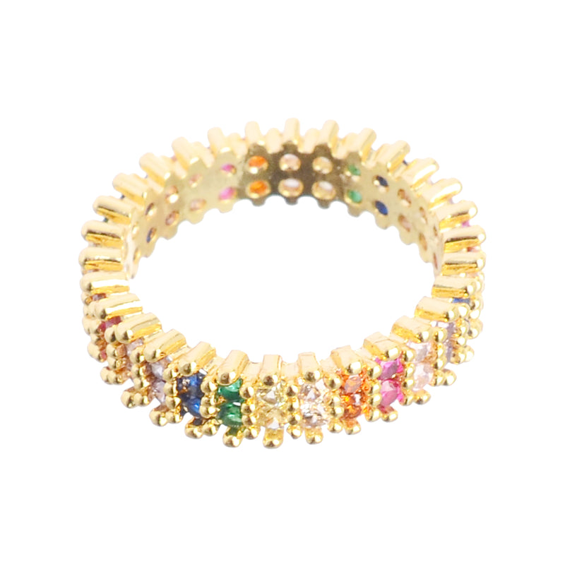 A multi-size zircon ring with multi-colored studs